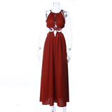 Burnt Orange Dress Summer Halter Lace-up Swing Long Dress Hollow Sexy Dress