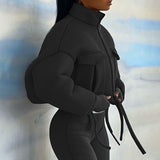 Brown Cropped Varsity Jacket Winter Sexy Navel Stand Collar Loose Jacket