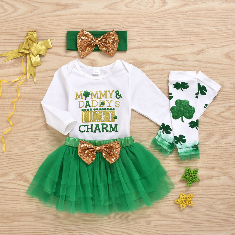 Children Saint Patrick's Day St. Patrick Romper Green Four-Leaf Clover Skirt Suit