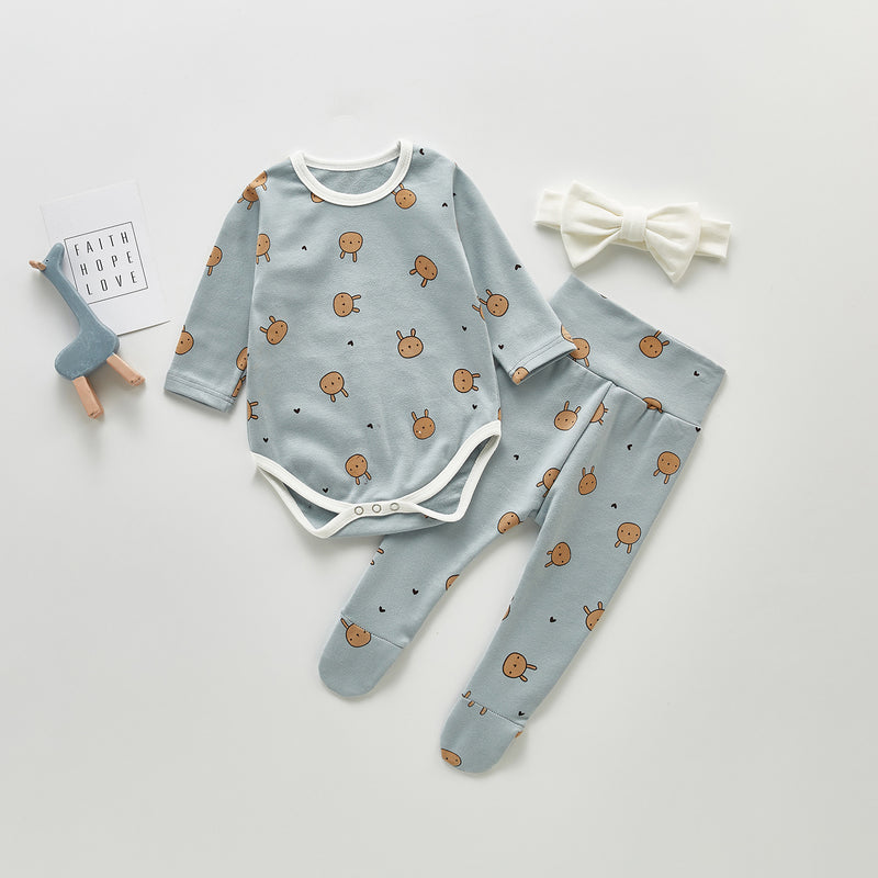 Spring Rompers Cartoon Printed Romper Pantyhose Headscarf Three-Piece Set
