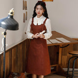 Retro Woolen Suspender Dress & Bow Shirt Autumn and Winter Cottagecore Outfit