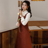 Retro Woolen Suspender Dress & Bow Shirt Autumn and Winter Cottagecore Outfit