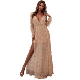 Burgundy Dresses For Wedding Tassel Sequins Party Dress Sexy Long Sleeve Deep V Slit Birthday Party Skirt Women