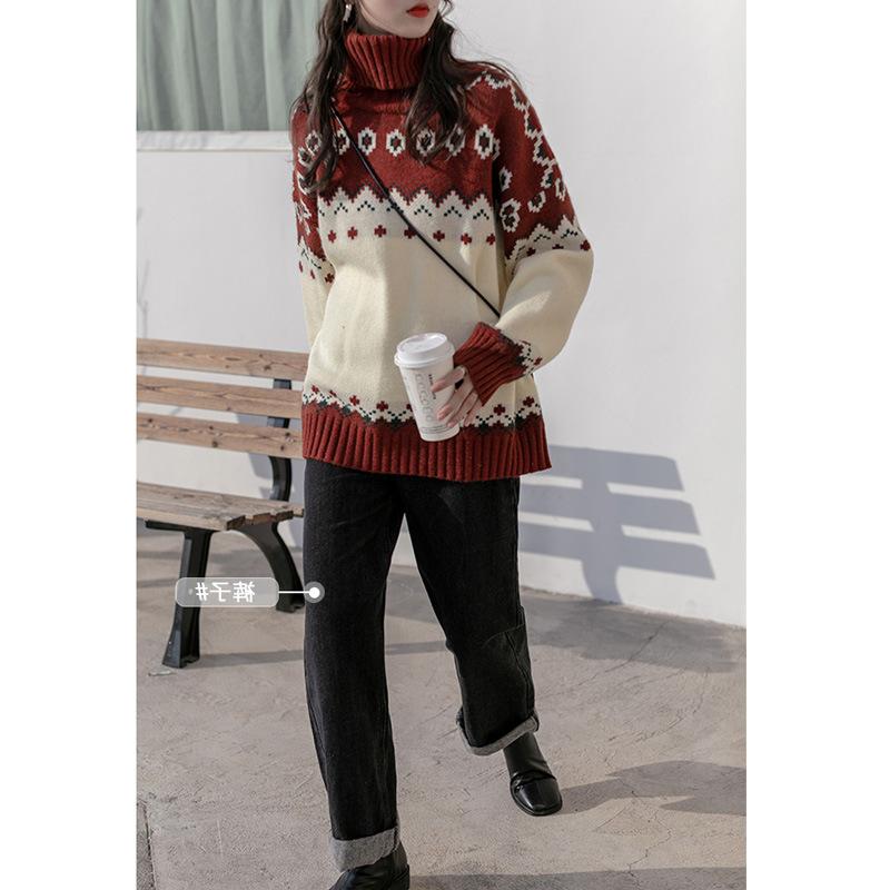 Fair Isle Sweater Cottagecore Outfits for Women Vintage Fairisland Christmas Turtleneck Sweater Winter Loose Outer Wear Red Top