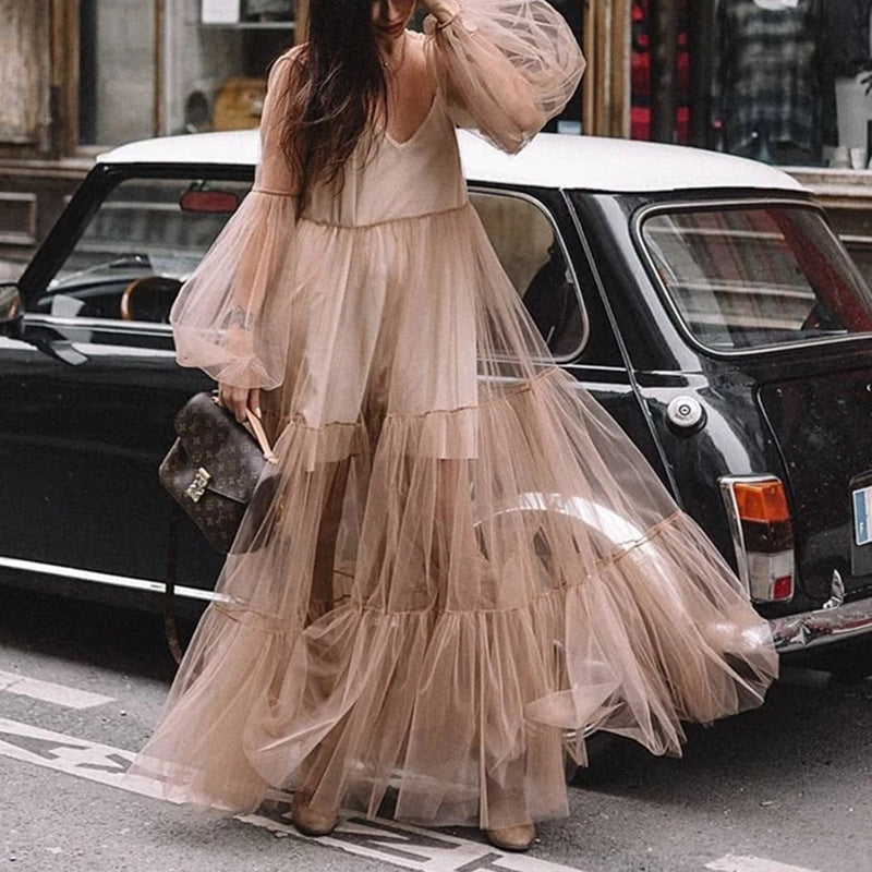 Olivia Wilde See through Dress Puff Sleeve Mesh Dress Long Dress