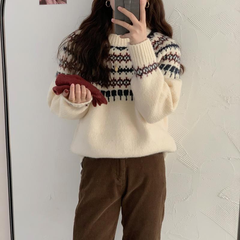 Fair Isle Sweater Cottagecore Outfits for Women Colorblock Geometric Pattern Christmas