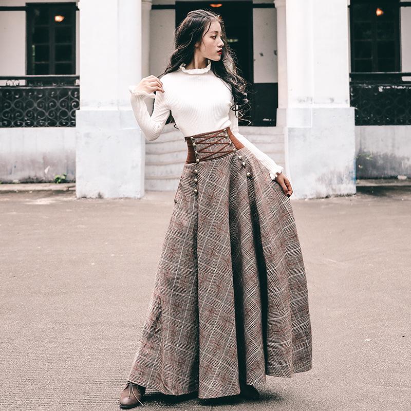 Wavy Sweater & Vintage High Waist with Straps Long Swing Skirt Set Cottagecore Outfit