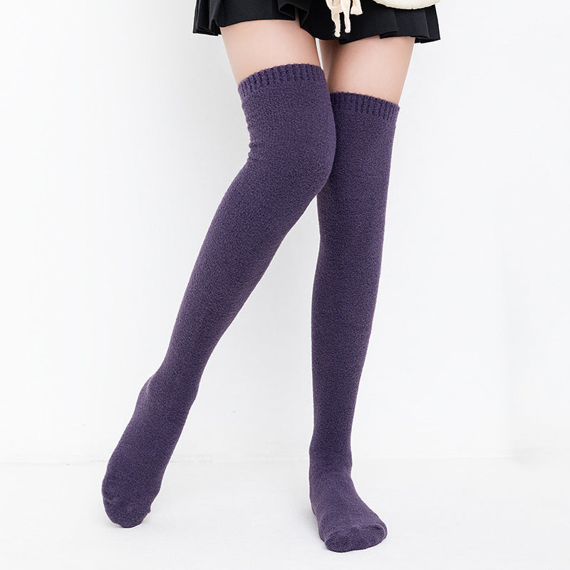 Winter Thick Knit Thigh High Socks Long Stockings Boot Solid Color Thigh High Socks Thick below the Knees Women's Stockings