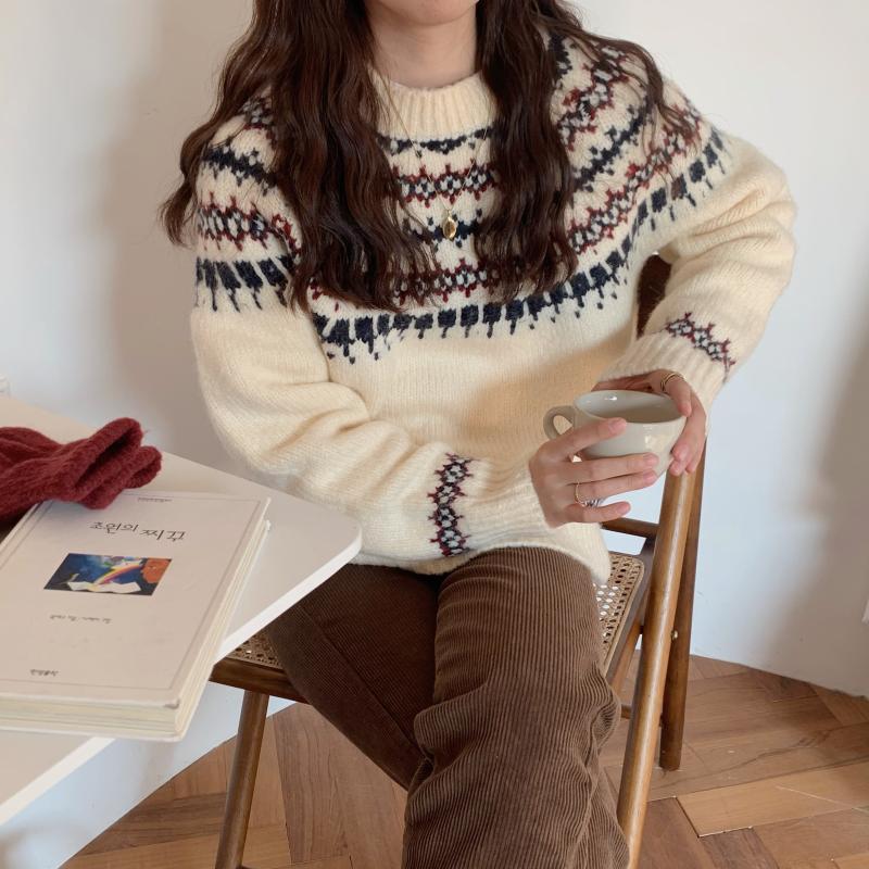 Fair Isle Sweater Cottagecore Outfits for Women Colorblock Geometric Pattern Christmas