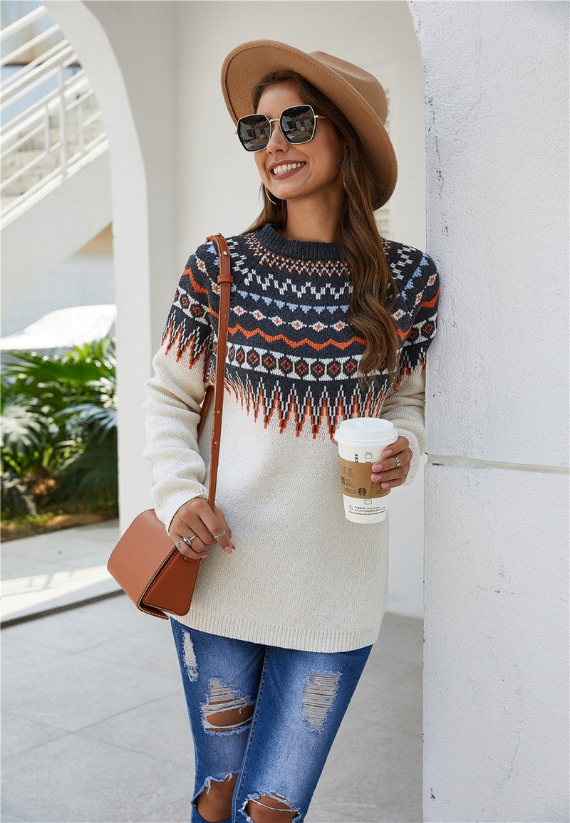 Fair Isle Sweater Cottagecore Outfits for Women Autumn and Winter Ethnic Style Jacquard Ferris Wheel Vintage Sweater round Neck Loose Bottoming Shirt