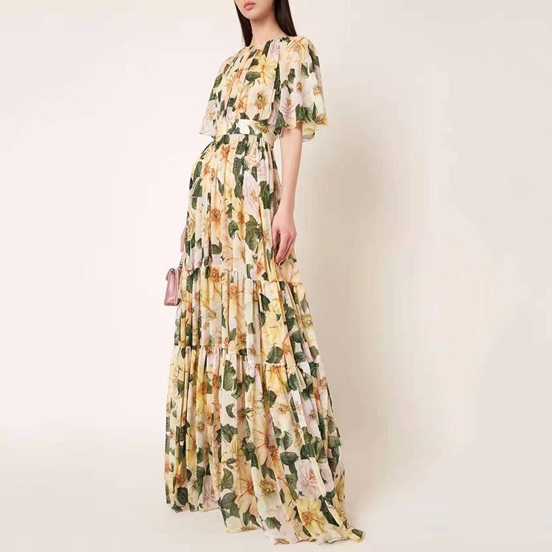 Fashionable Pastoral Style round Neck Lantern Sleeve Printed Waist-Controlled Long cottagecore aesthetic dress