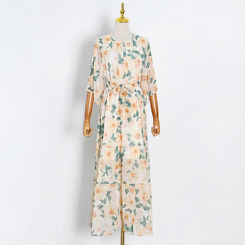 Fashionable Pastoral Style round Neck Lantern Sleeve Printed Waist-Controlled Long cottagecore aesthetic dress