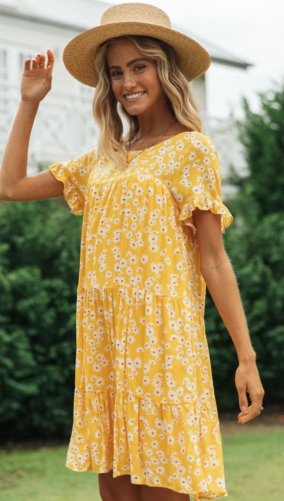 Spring and Summer New round Neck Printed Pastoral Style cottagecore aesthetic dress