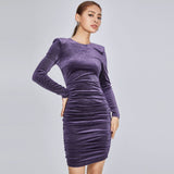 Women Spring Dress Stretch Long Sleeve Velvet Pleated Cinched Bodycon Hip Skirt Shoulder Cotton Hip Lifting Group