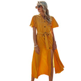 Burnt Orange Dress Spring/Summer A- line Dress Belt V-neck Short Sleeve Dress for Women