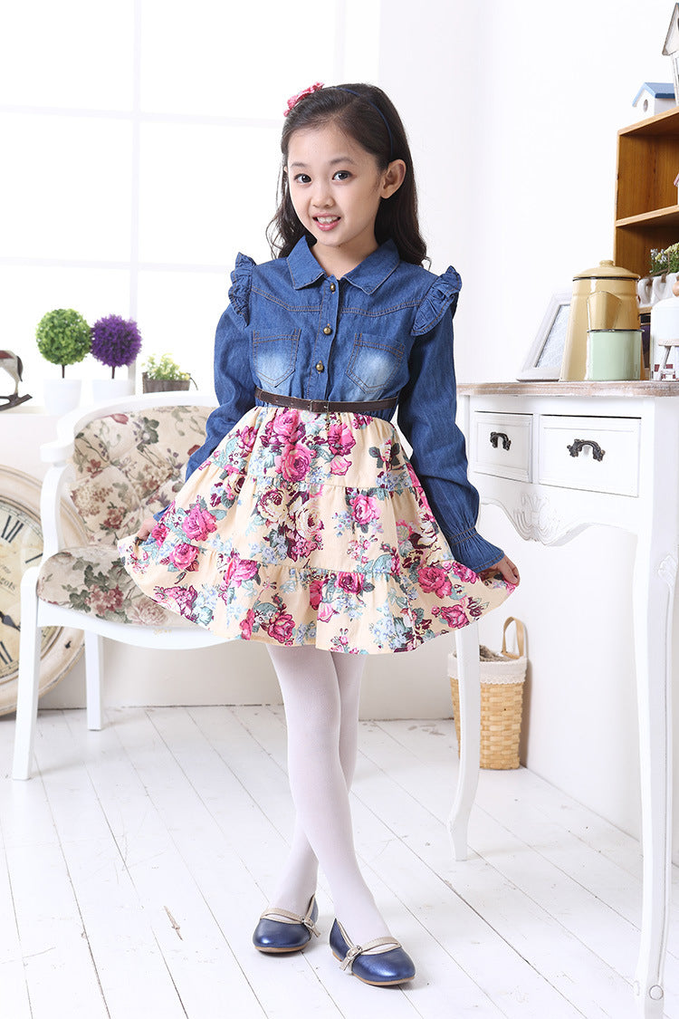 Girl Dress Spring and Autumn Denim Floral Long Sleeve Princess Dress