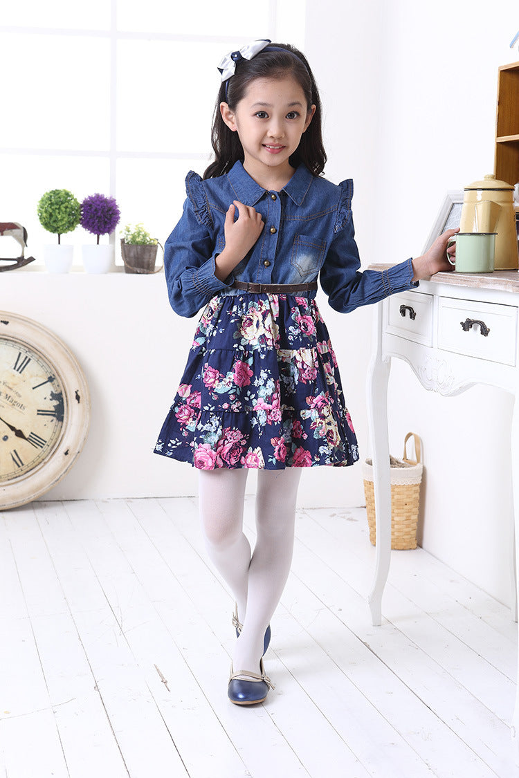 Girl Dress Spring and Autumn Denim Floral Long Sleeve Princess Dress
