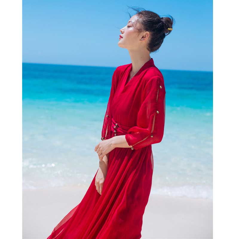 Spring and Summer Red Dress Vintage Holiday Bohemian Dress Bohemia Retro Vintage Cottagecore Aesthetic Flowy Victoria Cottage Core Boho Dress