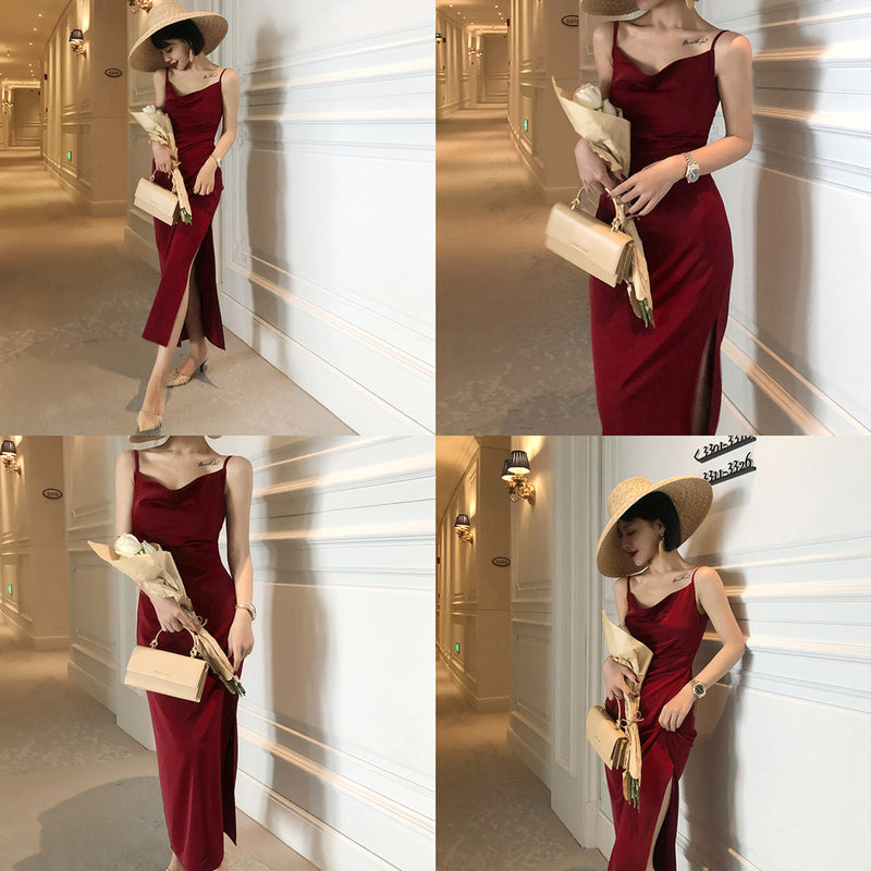 Satin Dress French Retro Sour Silk Satin Red Slip Women'S Waist Slimming Elegant Spring And Summer Little Red Dress Long Dress