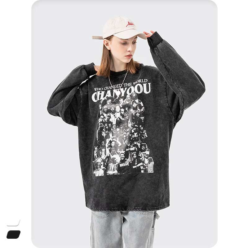 Oversized 90S T Shirt Autumn Retro Portrait Printing Long Sleeve T-shirt Men round Neck Loose Top