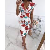Nina Parker Graffiti Dress Slim Fit Waist Trimming Ruffles Sheath Dress