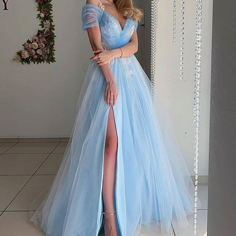Women Lace Wedding Dress V-neck Slit Wedding Dress Lace Long Dress