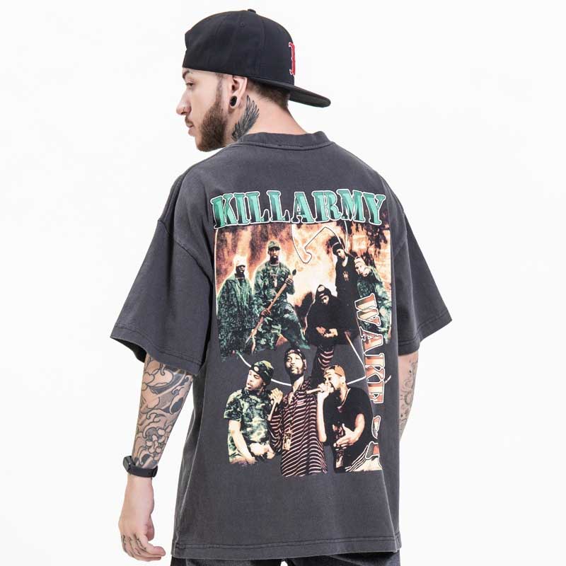 Oversized 90S T Shirt Spring and Summer Portrait Retro Short Washed Texture Distressed Sleeve Heavy T-shirt for Men