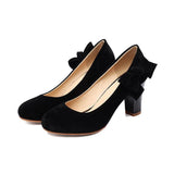 Nude Block Heels Brushed Velvet Low-Cut Shoes Bow Pumps Chunky Heel High Heels