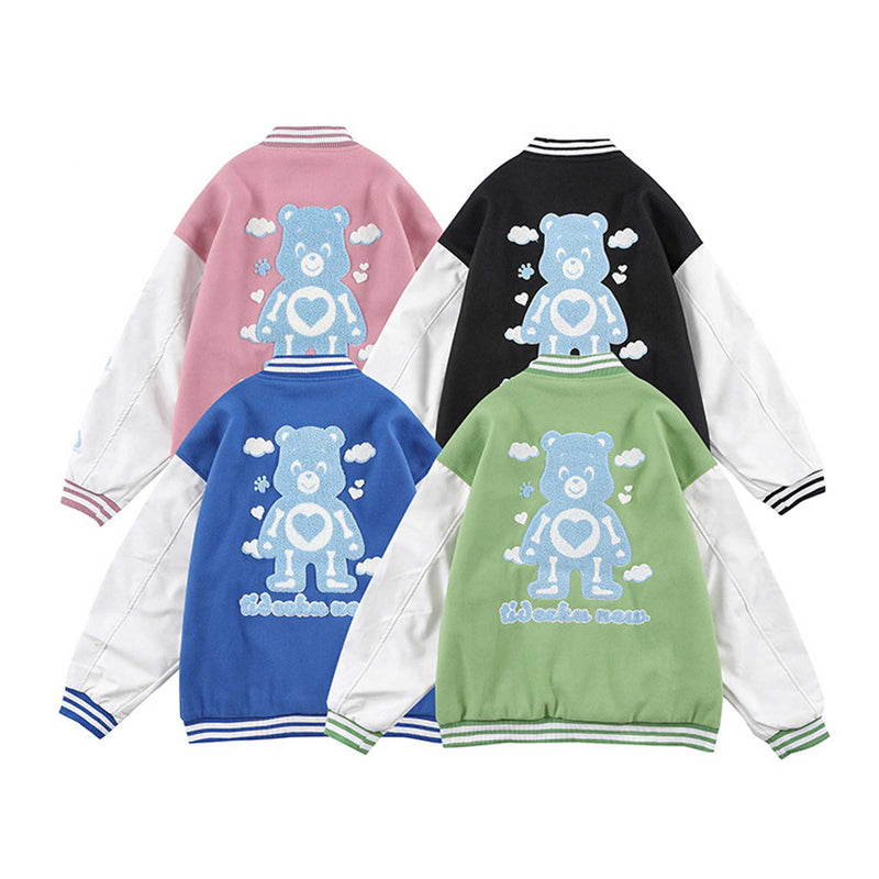 Blue Varsity Jacket Bear Baseball Jacket Towel Embroidery Men and Women Couple