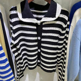 Preppy Aesthetic Sweater Autumn Striped Contrast Color Cropped Sweater Coat