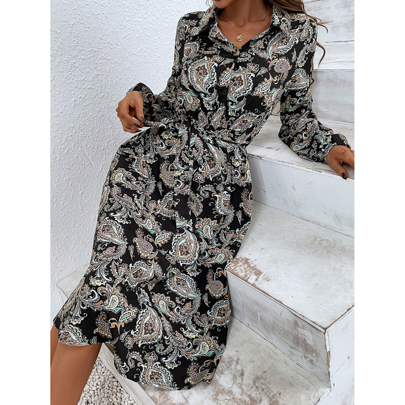 Nina Parker Graffiti Dress Printing Lapel Lace-up Long Sleeve Dress