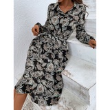 Nina Parker Graffiti Dress Printing Lapel Lace-up Long Sleeve Dress