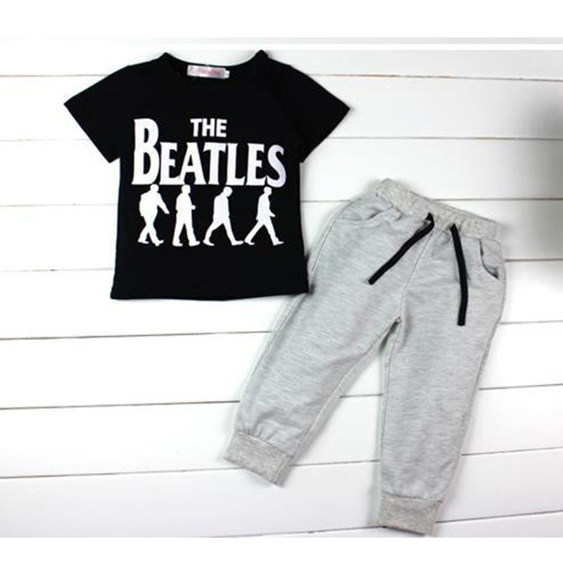 Children Boy Co Ord 2 Piece Set Summer Letter Black Short-Sleeved T-shirt Harem Pants