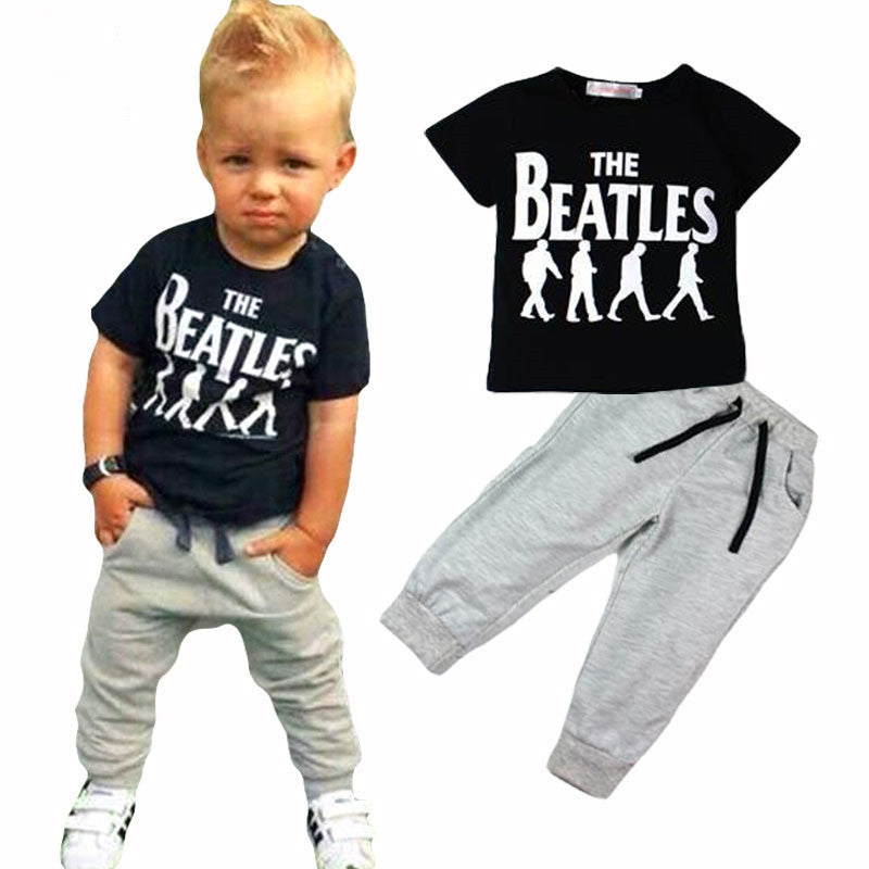 Children Boy Co Ord 2 Piece Set Summer Letter Black Short-Sleeved T-shirt Harem Pants