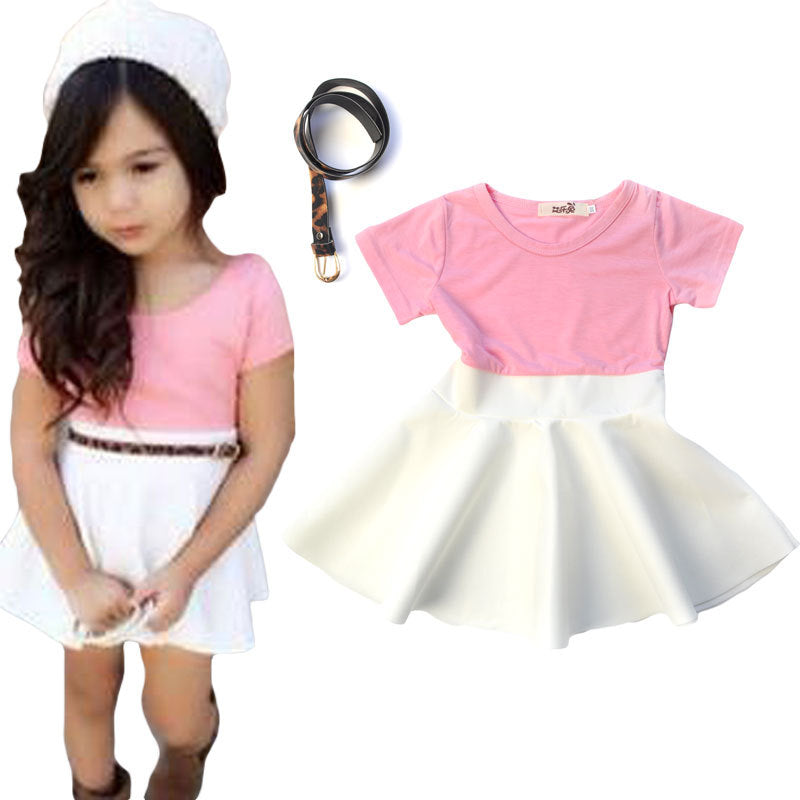 Girl Dress Pink Skirt with Leopard Print Belt Summer Fashion