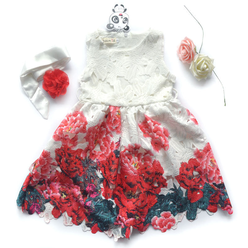 Girl Dress Summer Hollow-out Crocheted Princess Dress with Belt Dress