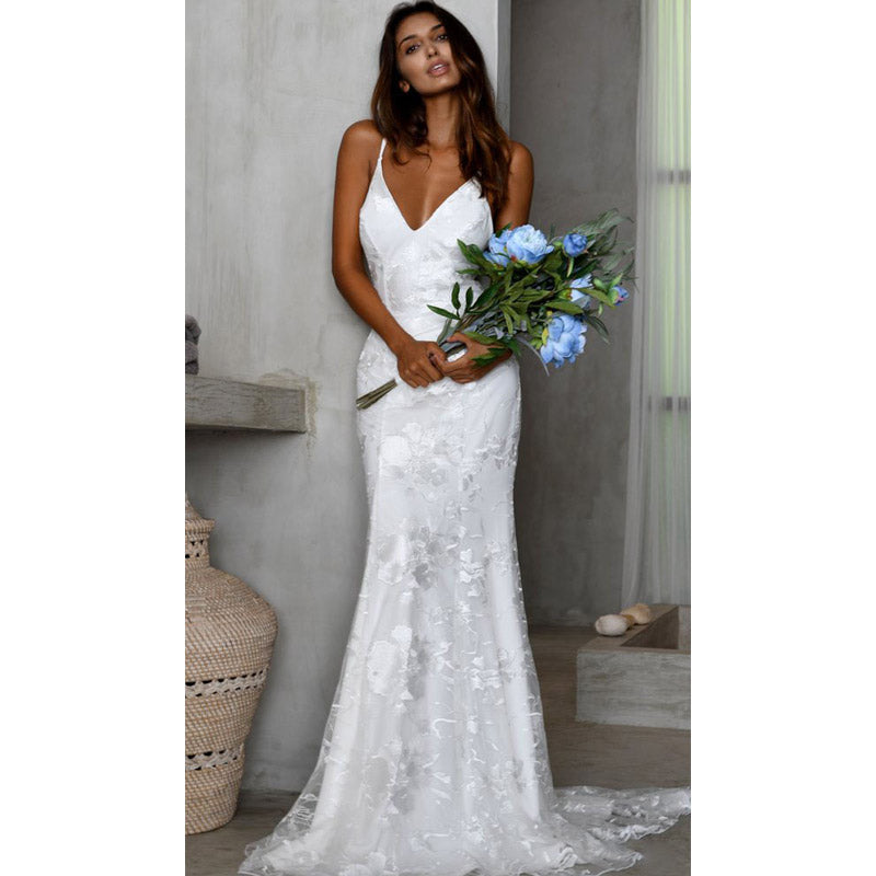 Women Lace Wedding Dress Dress Deep V Strap Formal Dress