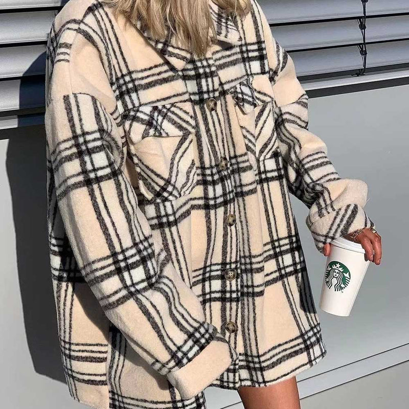Women Fall Fall Retro Plaid Loose Shoulder Woolen Workwear Shirt Coat