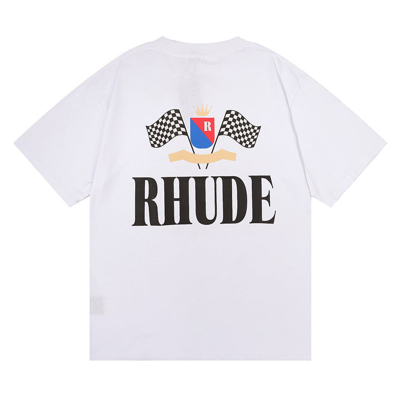 Rhude T Shirt Crown Flag Print Hip Hop Men and Women Casual
