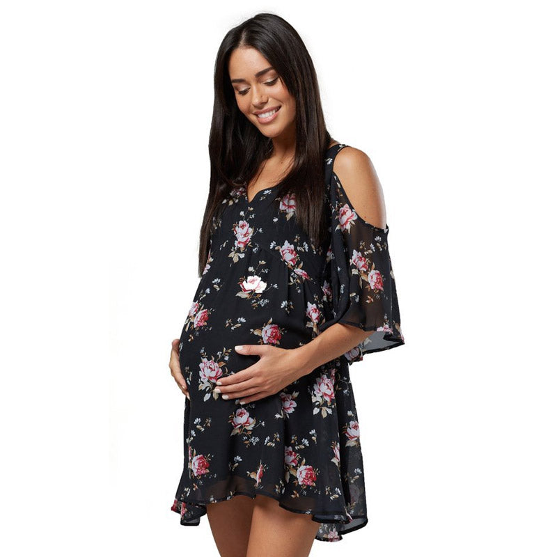 Maternity Clothes Dres Printed V-neck off-Shoulder Short Sleeve Loose Maternity Dress for Women
