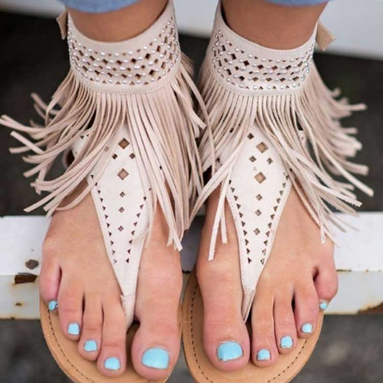 Women Open Toe Sands Flats Summer Plus Size Round Toe Solid Color Flat Heel Tassel Sandal Boots