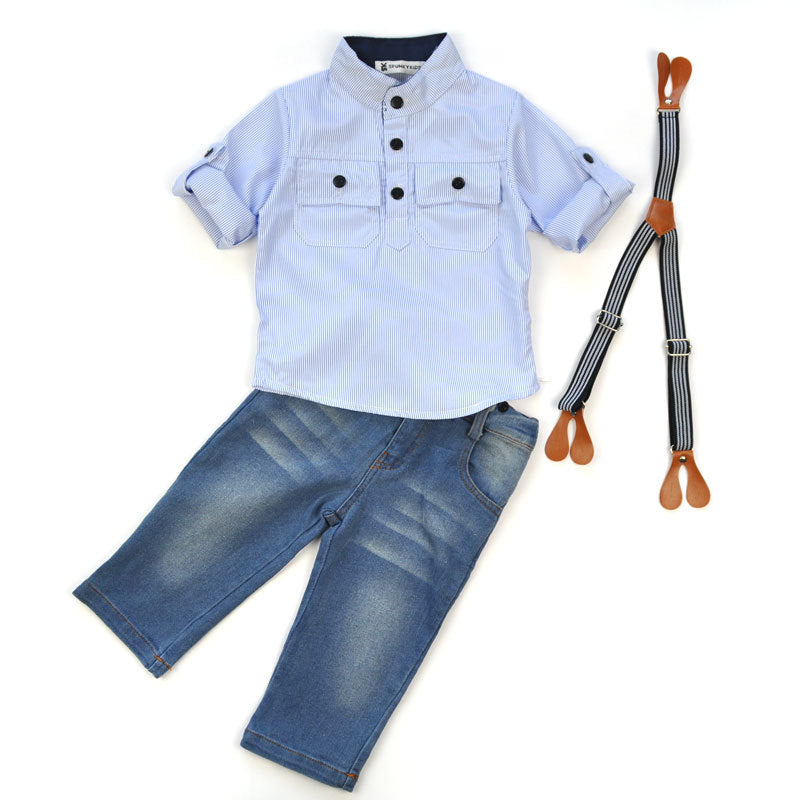Children Boy Co Ord Striped Shirt Denim Back Pants 3 Piece Set