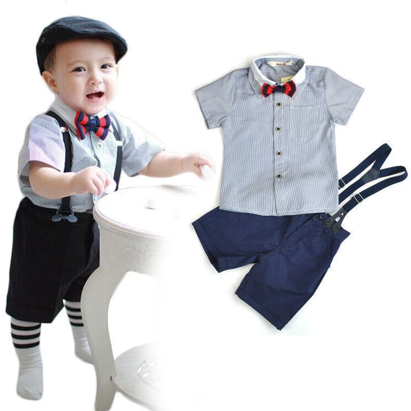Children Boy Co Ord Stripes Short Sleeve Shirt Top Suspender Shorts 2 Piece Set