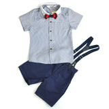 Children Boy Co Ord Stripes Short Sleeve Shirt Top Suspender Shorts 2 Piece Set