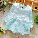 Girl Dress Spring and Autumn Sweet round Neck Lace Long Sleeve Dress