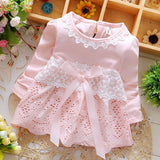 Girl Dress Spring and Autumn Sweet round Neck Lace Long Sleeve Dress