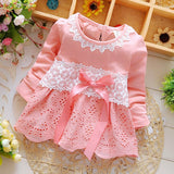 Girl Dress Spring and Autumn Sweet round Neck Lace Long Sleeve Dress