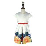 Girl Dress Summer Half Sleeve Large Flower Printed Dress Princess Dress with Belt