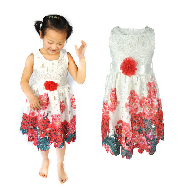 Girl Dress Summer Hollow-out Crocheted Princess Dress with Belt Dress