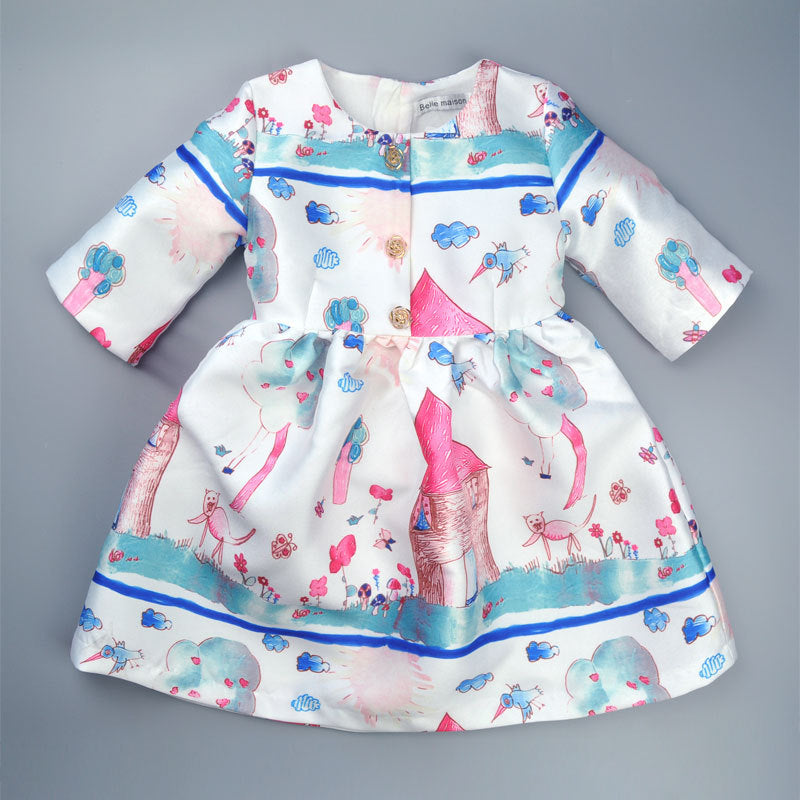 Girl Dress Graffiti Flower Button Mid-Sleeve Sweet Princess Dress